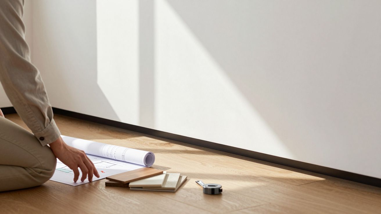 Pessoa ajoelhada no chão a analisar plantas de casa com amostras de madeira e fita métrica à frente.