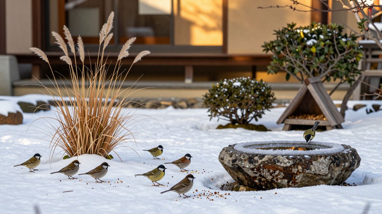 Pássaros pequenos à volta de um comedouro e vegetação seca numa área coberta de neve junto a uma casa.