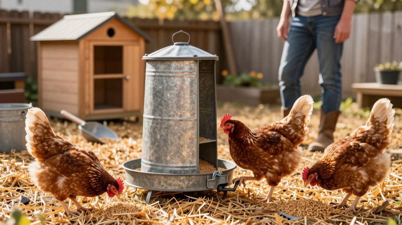 Três galinhas castanhas a comer perto de comedouro metálico num quintal com palha e casota ao fundo.