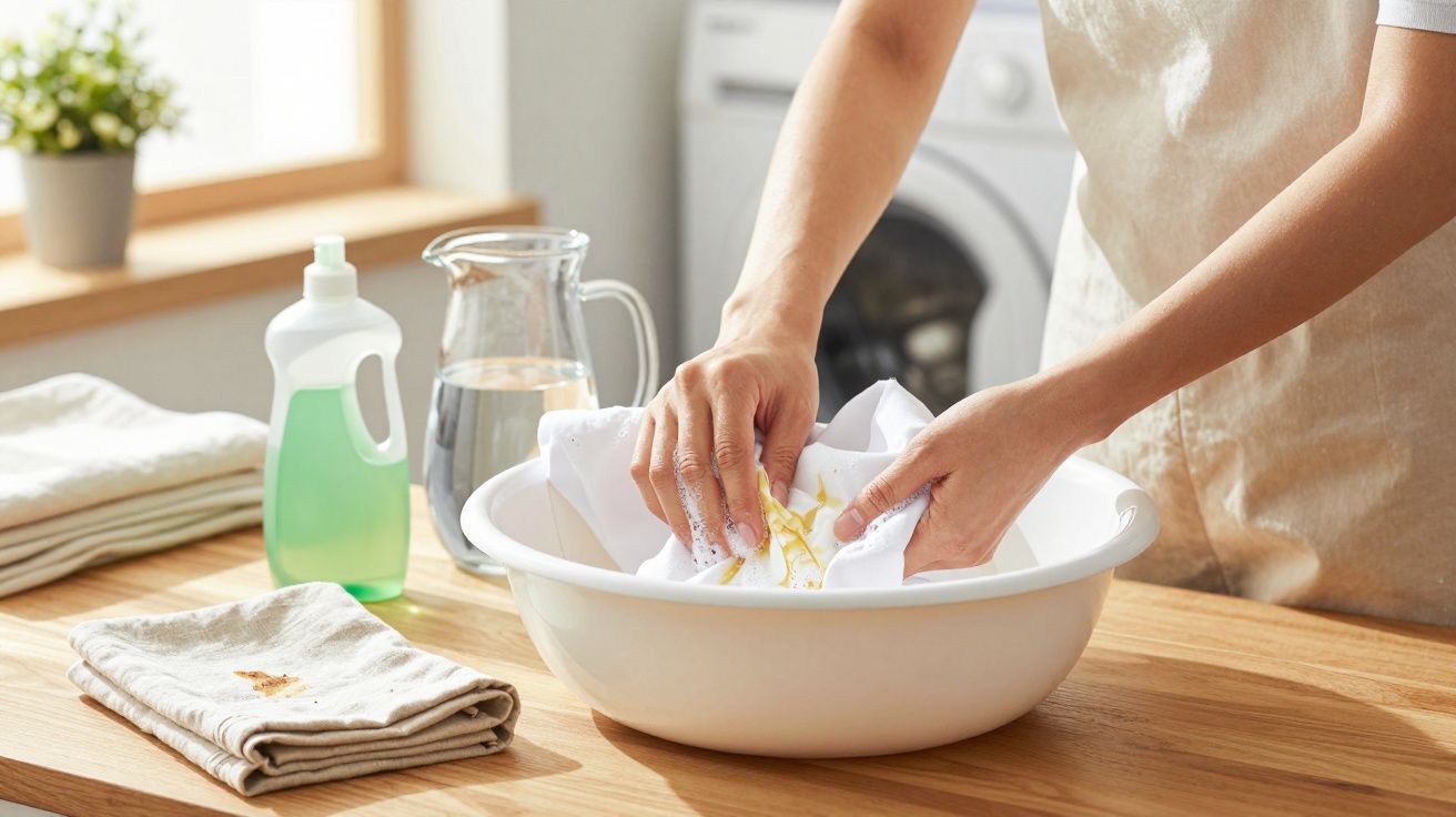 Pessoa a lavar roupa suja à mão numa bacia branca numa cozinha iluminada e arrumada.