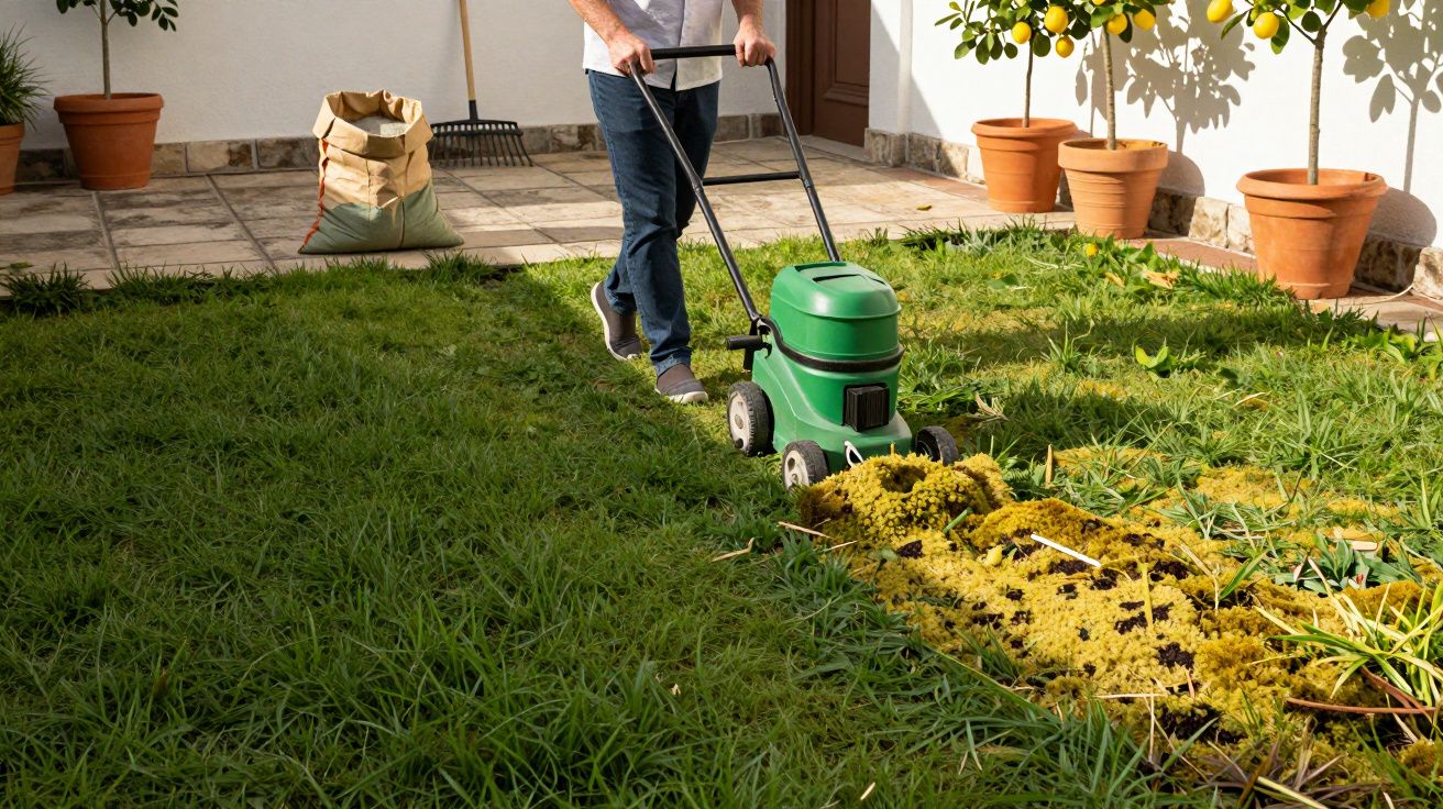Pessoa a usar um aparelho elétrico verde para limpar musgo e ervas daninhas do relvado num jardim.