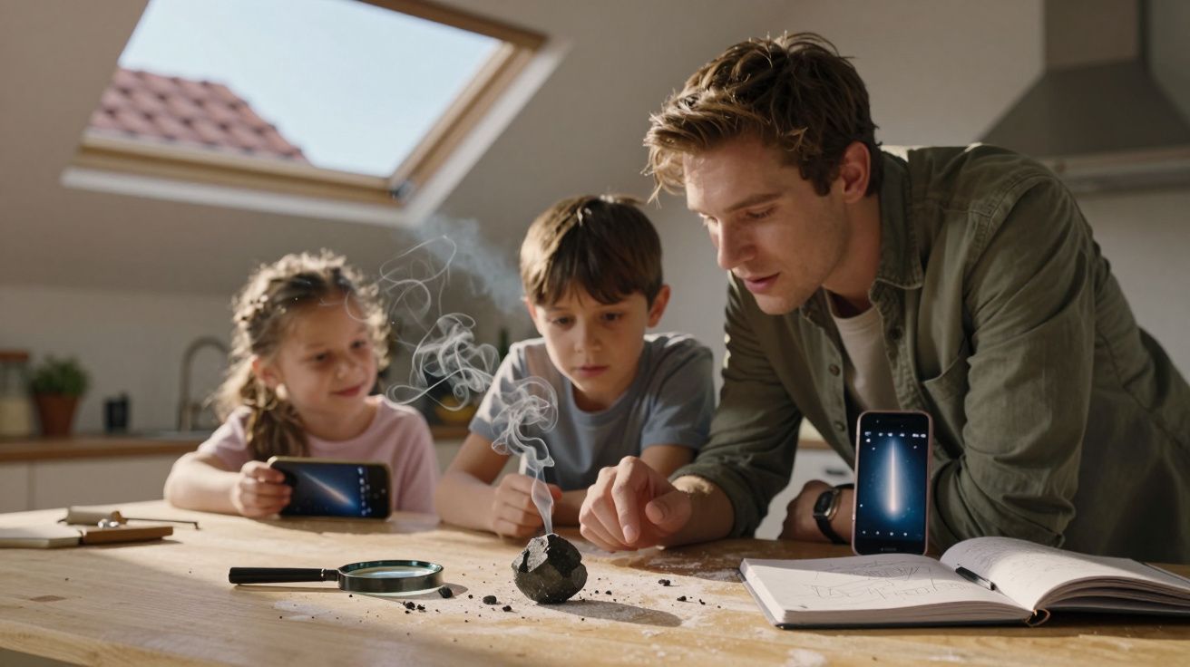 Homem e duas crianças observam uma pedra fumegante numa mesa com livros e telemóveis na cozinha.