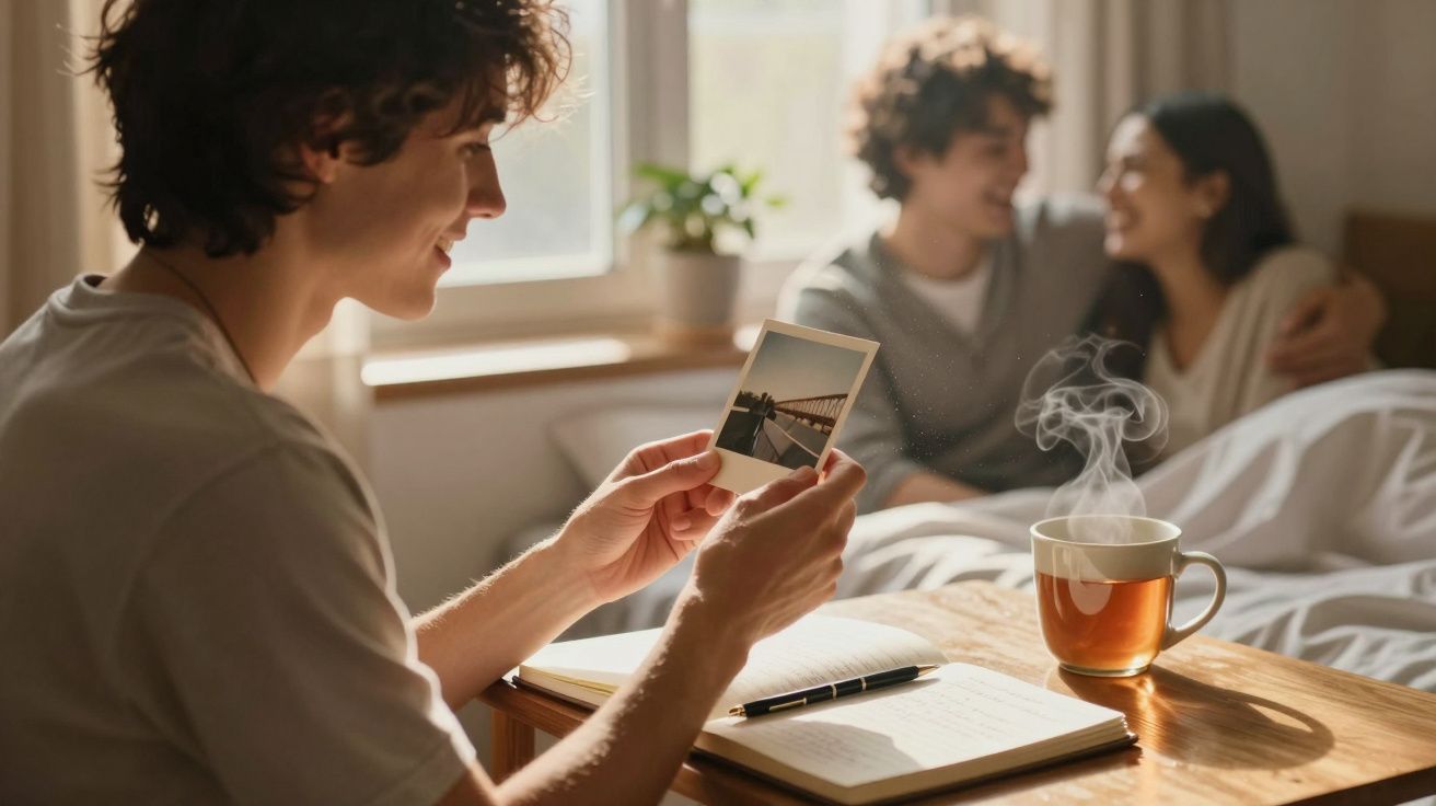 Jovem sentado à mesa com fotografia na mão, casal abraçado sorrindo ao fundo, xícara de chá fumegante.