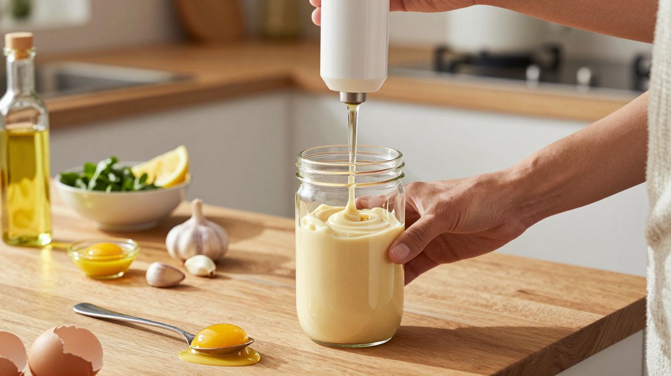 Pessoa a preparar maionese caseira com batedor elétrico numa jarra de vidro numa cozinha moderna.
