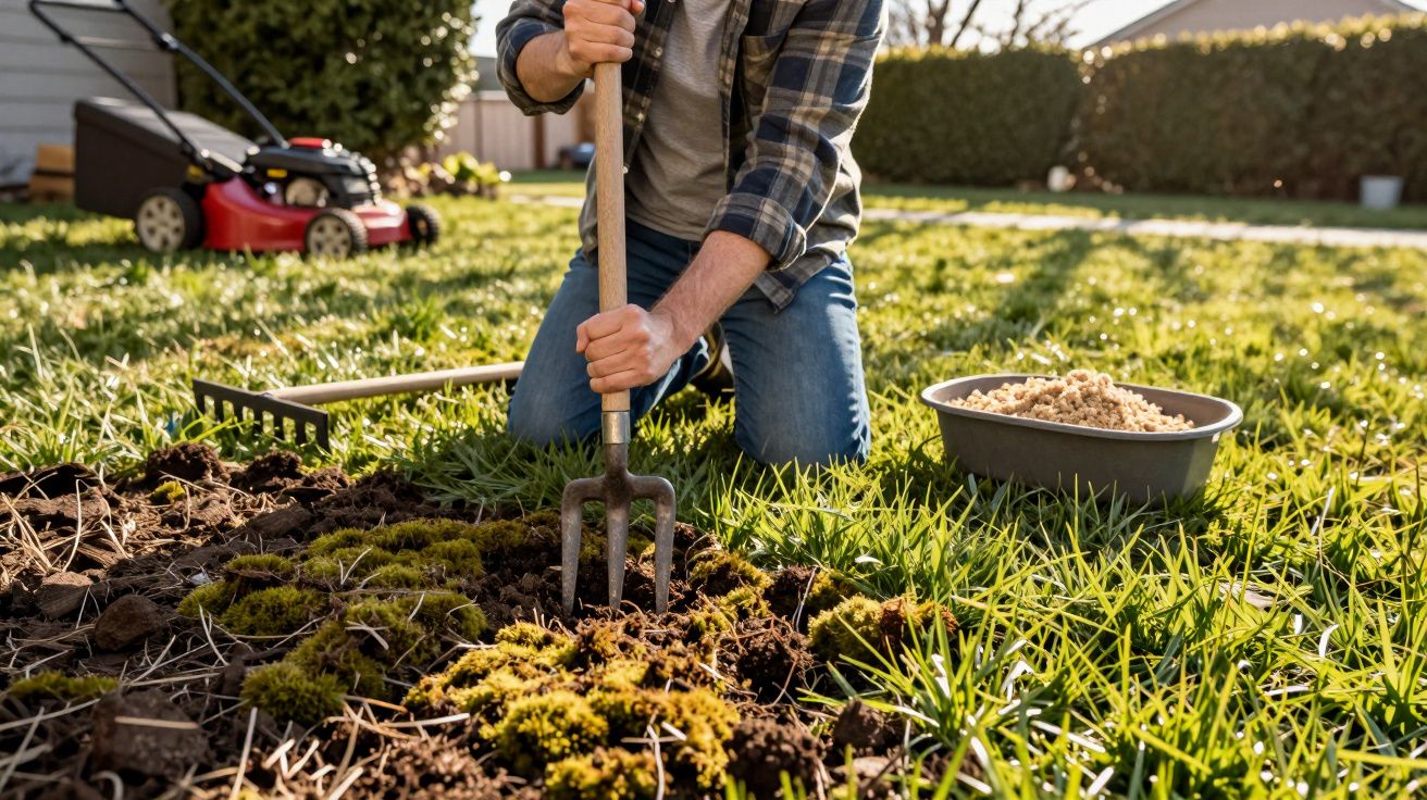 Pessoa ajoelhada no jardim a arrancar ervas daninhas com forcado, com relva e cortador de relva ao fundo.