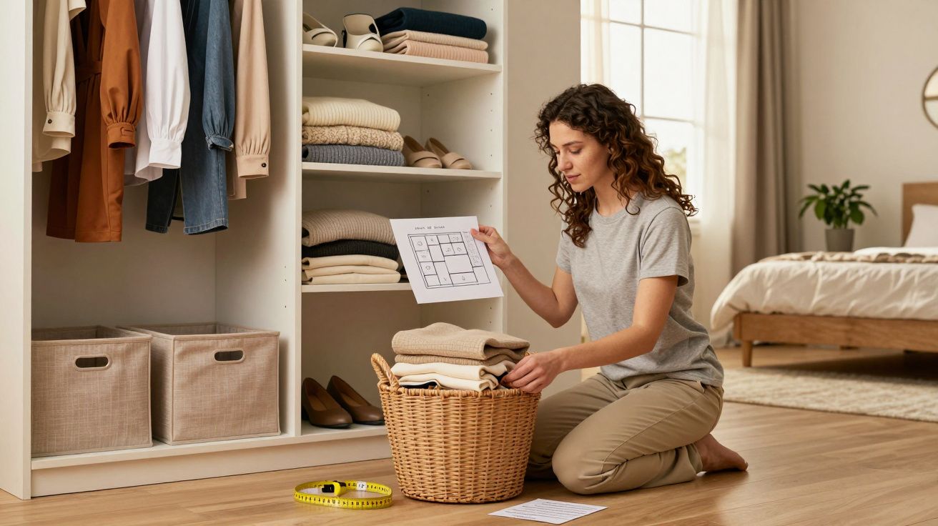 Mulher a organizar roupa dobrada numa cesta, sentada no chão junto a um armário com roupas e sapatos.