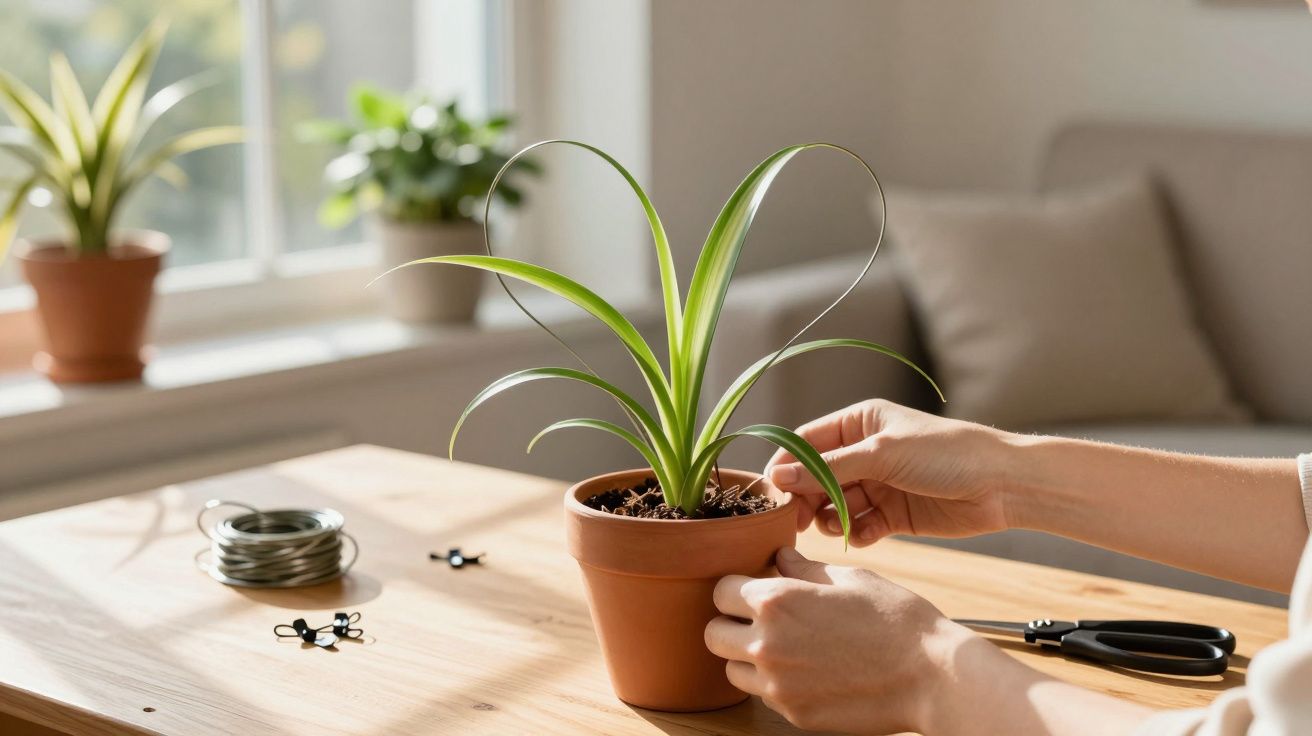 Mãos a cuidar de planta verde num vaso de barro sobre mesa de madeira junto a janela iluminada.