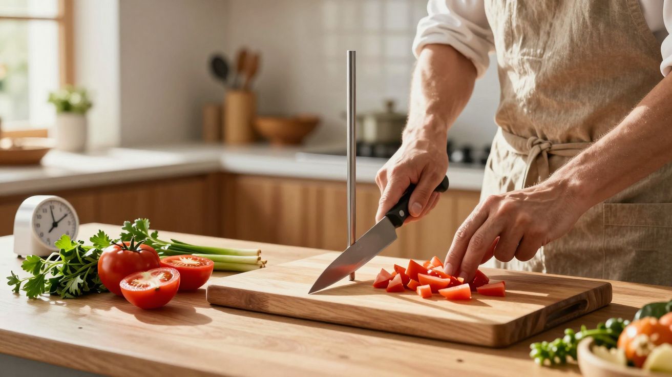 Pessoa a cortar tomate em cubos numa tábua de cozinha, com outros legumes ao lado no balcão.