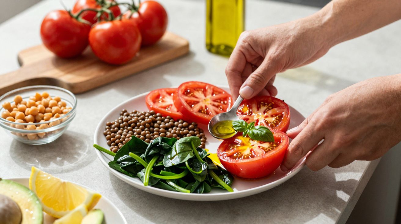 Prato com tomate, lentilhas, espinafres e azeite sendo colocado sobre os tomates por duas mãos.