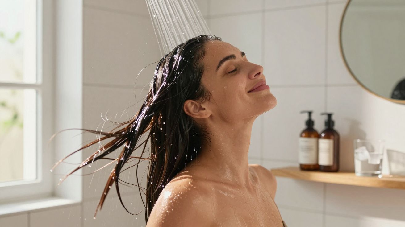 Mulher de cabelos molhados a lavar-se debaixo do chuveiro, com expressão relaxada e sorridente.