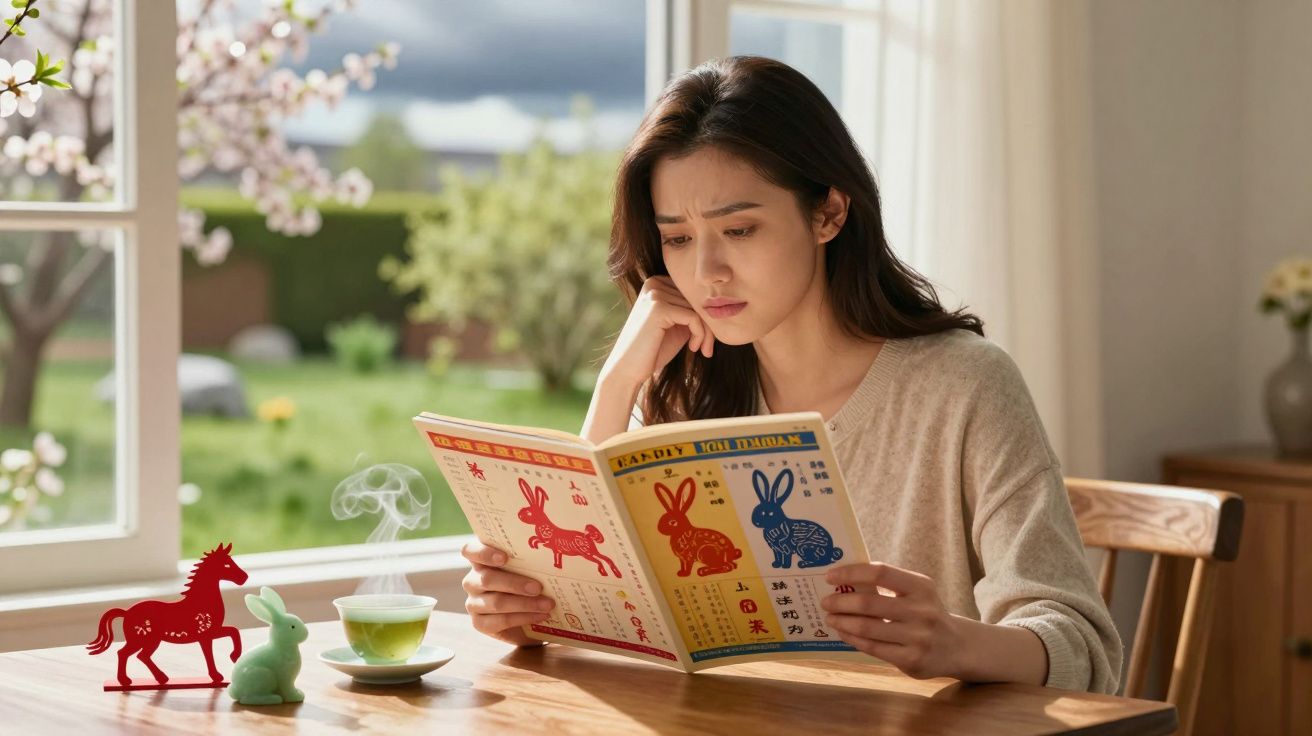 Mulher sentada a ler um livro com ilustrações de coelhos, junto a uma chávena de chá e figuras decorativas.