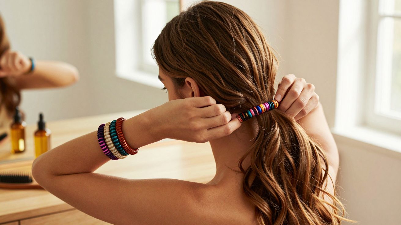 Mulher de costas a prender o cabelo com elástico colorido, com pulseiras coloridas no braço esquerdo.