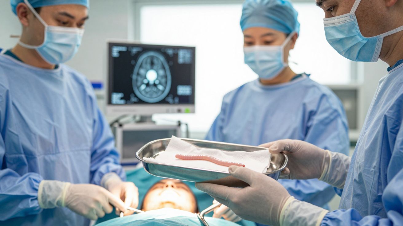 Cirurgiões em sala operatória com máscara apresentam verme retirado durante cirurgia.