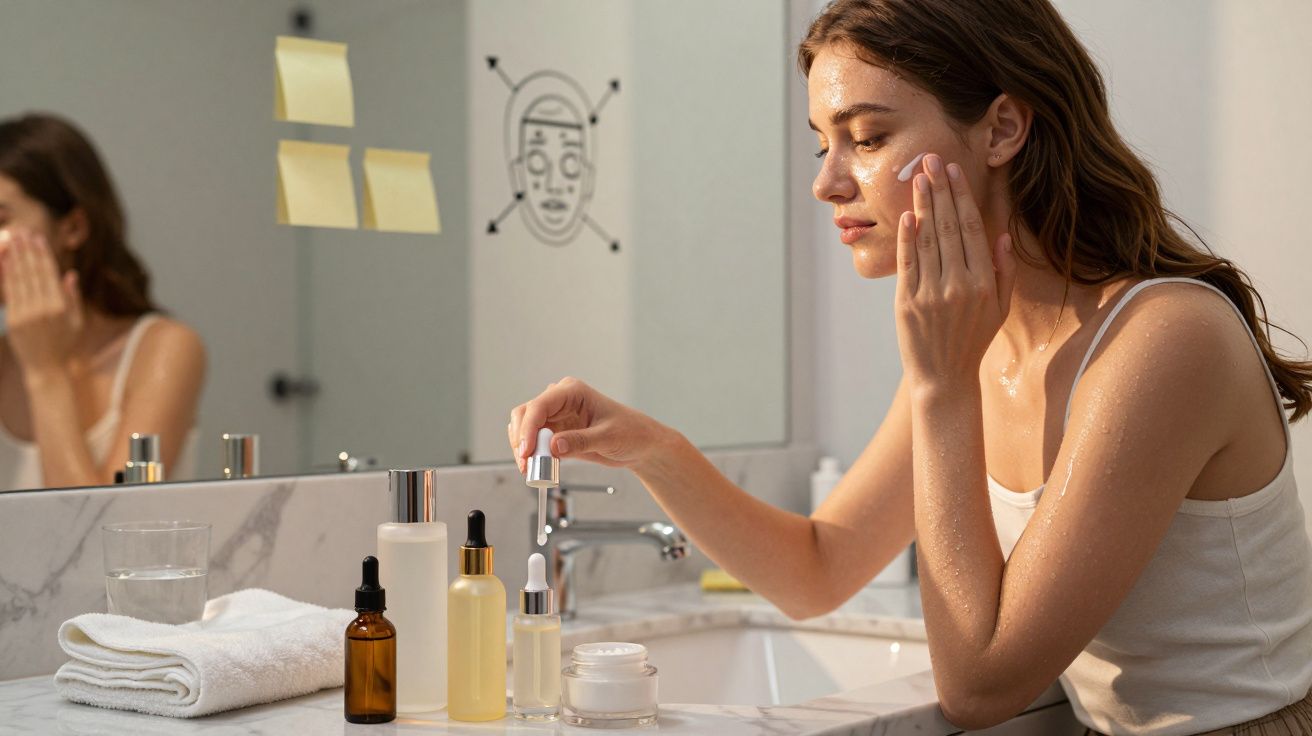 Mulher a aplicar sérum facial na casa de banho com vários frascos de produtos de cuidados de pele na bancada.