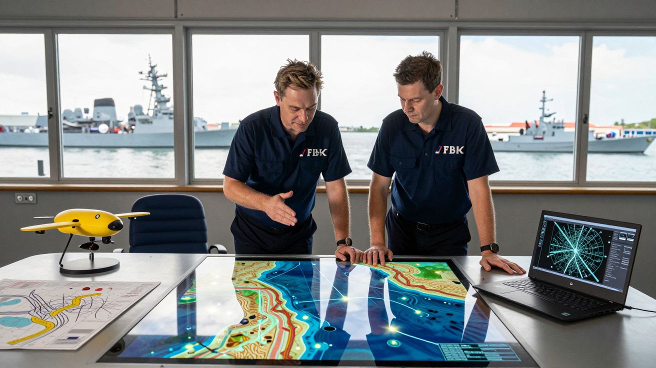 Dois homens analisam dados marítimos numa mesa digital interativa com navios ao fundo numa sala com grandes janelas.