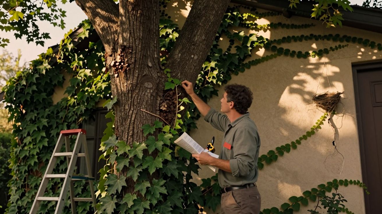 Homem a inspecionar videira num grande tronco de árvore junto a casa coberta de folhas verdes.