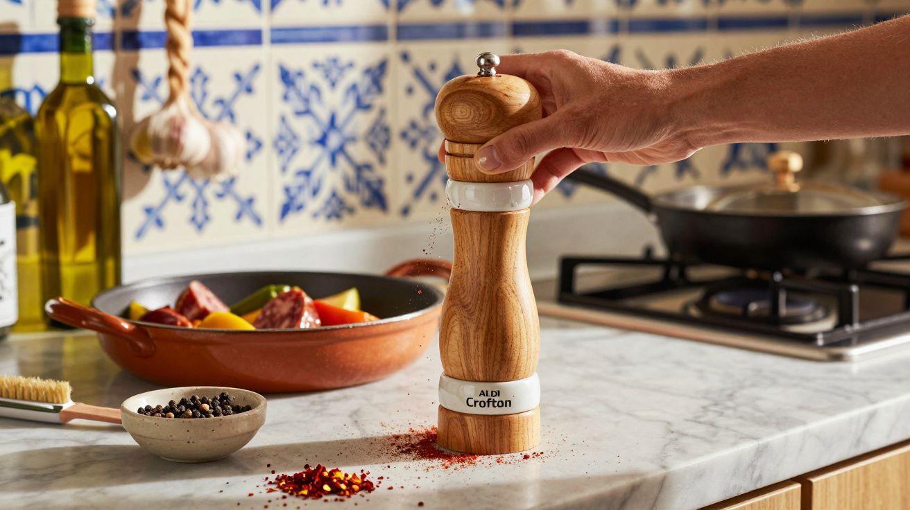 Mão a moer tempero num moinho de madeira sobre bancada de cozinha com panela e ingredientes.