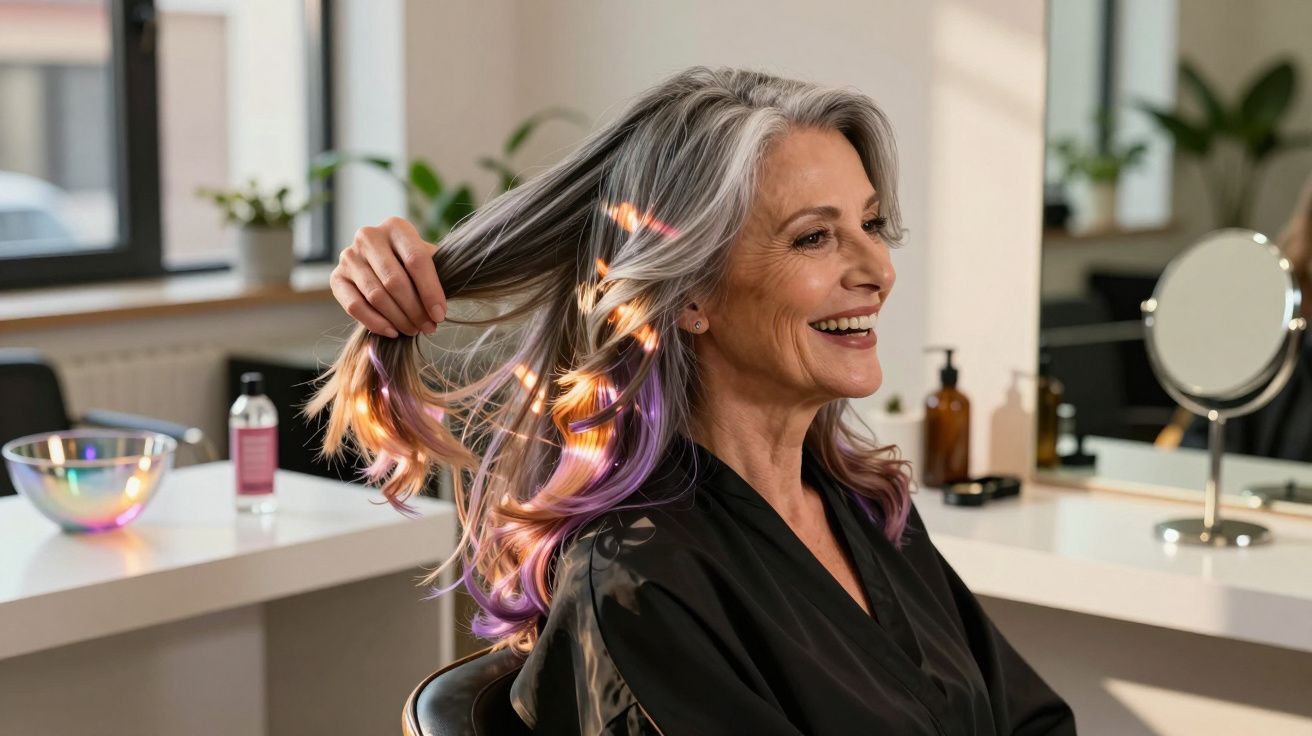 Mulher madura sorridente com cabelo grisalho e pontas cor-de-rosa num salão de cabeleireiro.