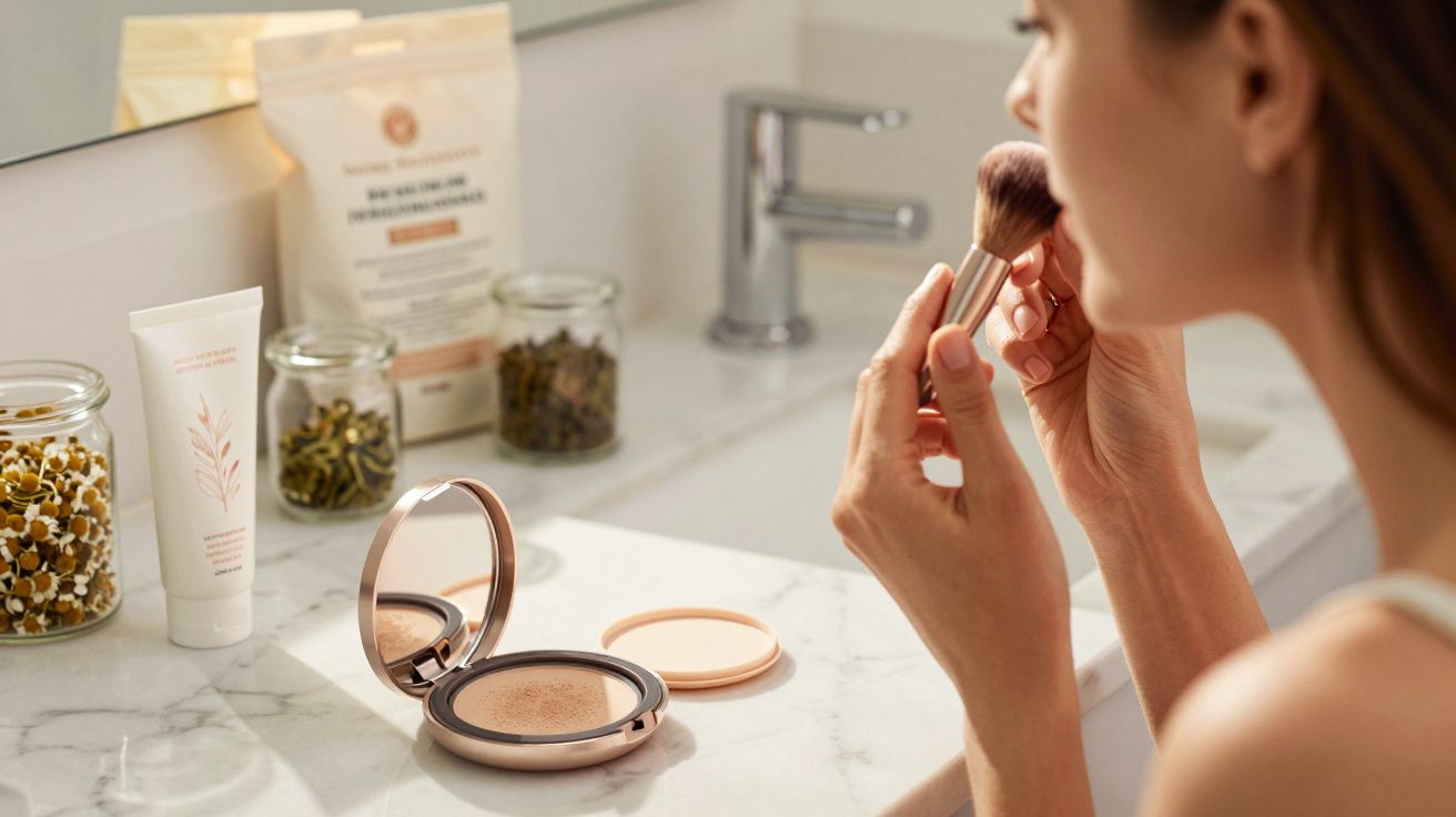 Mulher a aplicar maquilhagem com pincel em frente a uma bancada com produtos cosméticos e espelho.