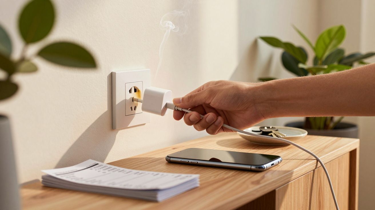 Mão a retirar carregador da tomada com fumo a sair, telemóvel e documentos sobre móvel de madeira.