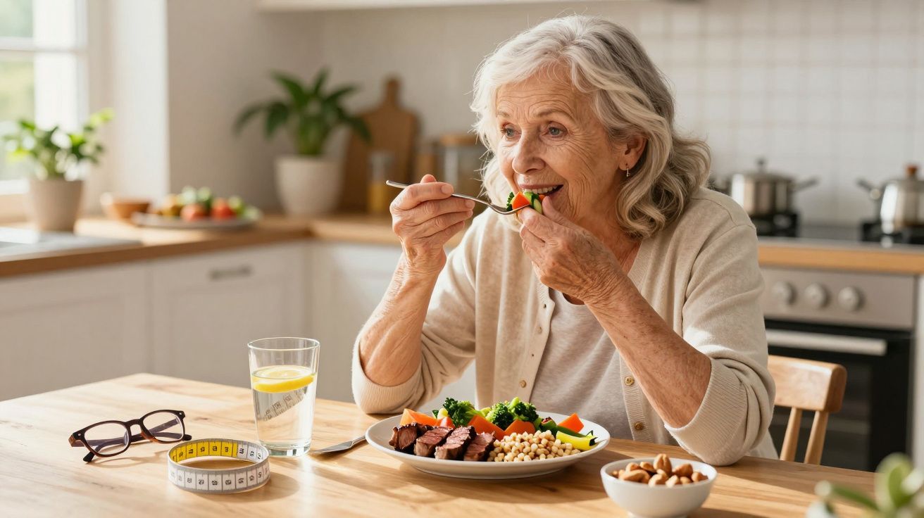 Mulher idosa a comer refeição saudável com legumes e carne na cozinha, com copo de água e fita métrica na mesa.