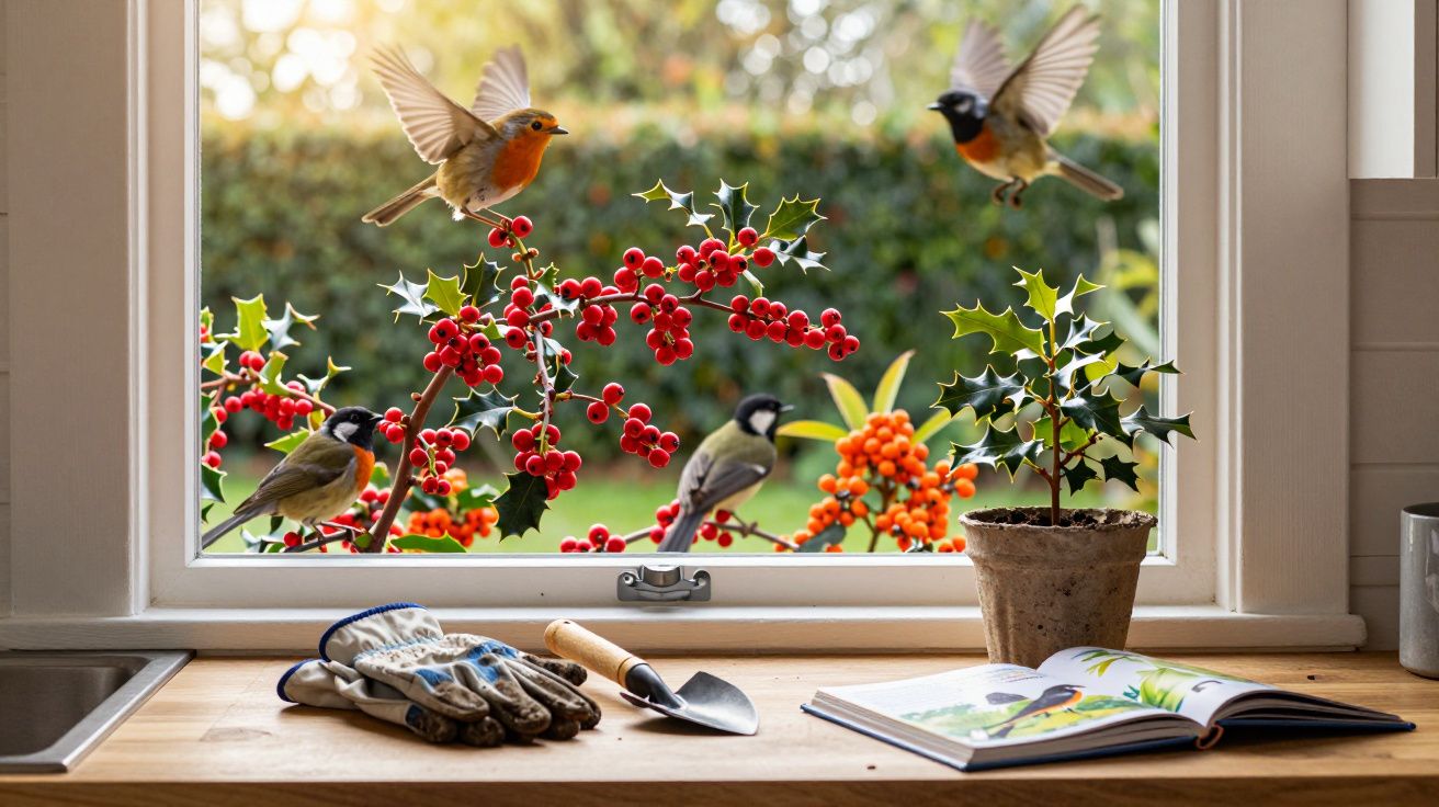 Pássaros em ramos com bagas vermelhas na janela de uma cozinha com luvas e livro de jardinagem na mesa.