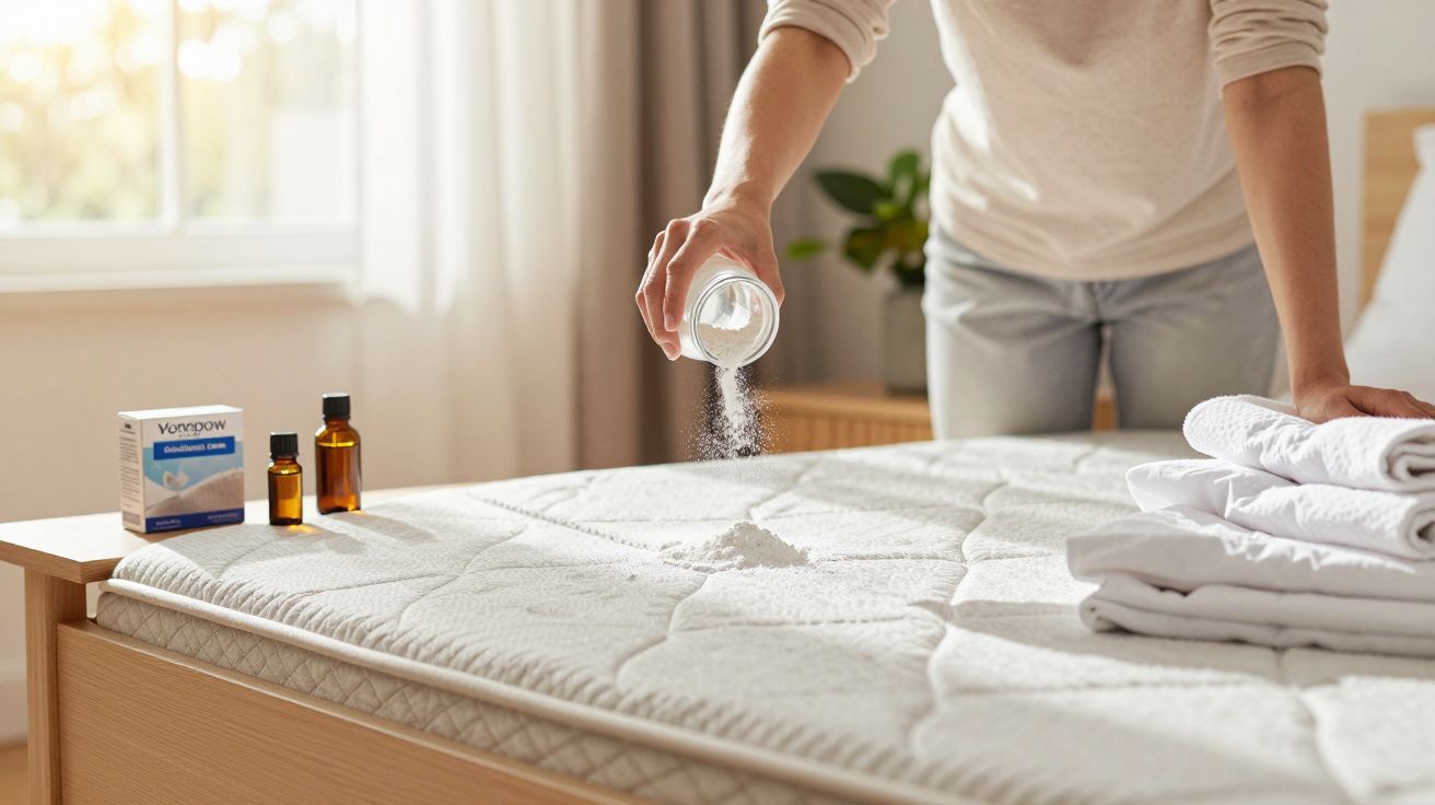 Pessoa a polvilhar pó branco num colchão numa cama arrumada com frascos e toalhas dobradas numa divisão iluminada.