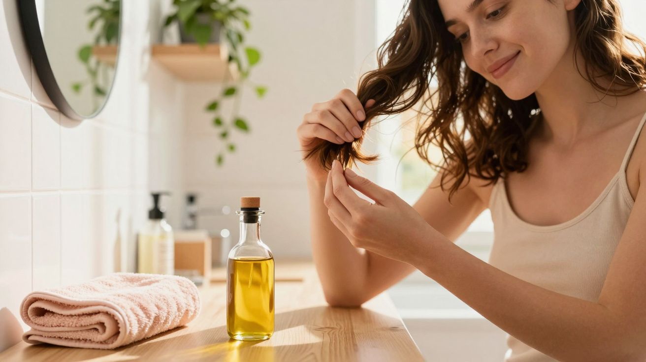 Mulher a aplicar óleo no cabelo, sentada à mesa com toalha e garrafa de óleo à frente.