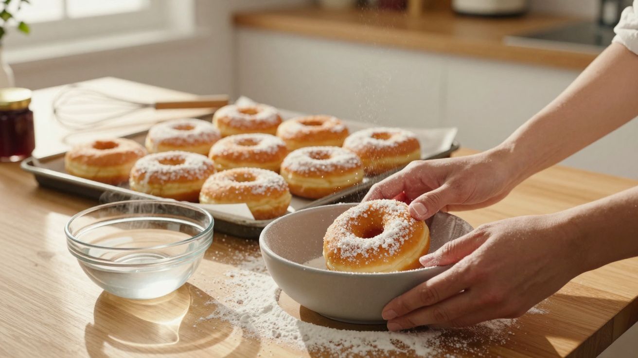 Mãos polvilham açúcar em donuts frescos numa cozinha com tabuleiro e taça de vidro numa bancada de madeira.