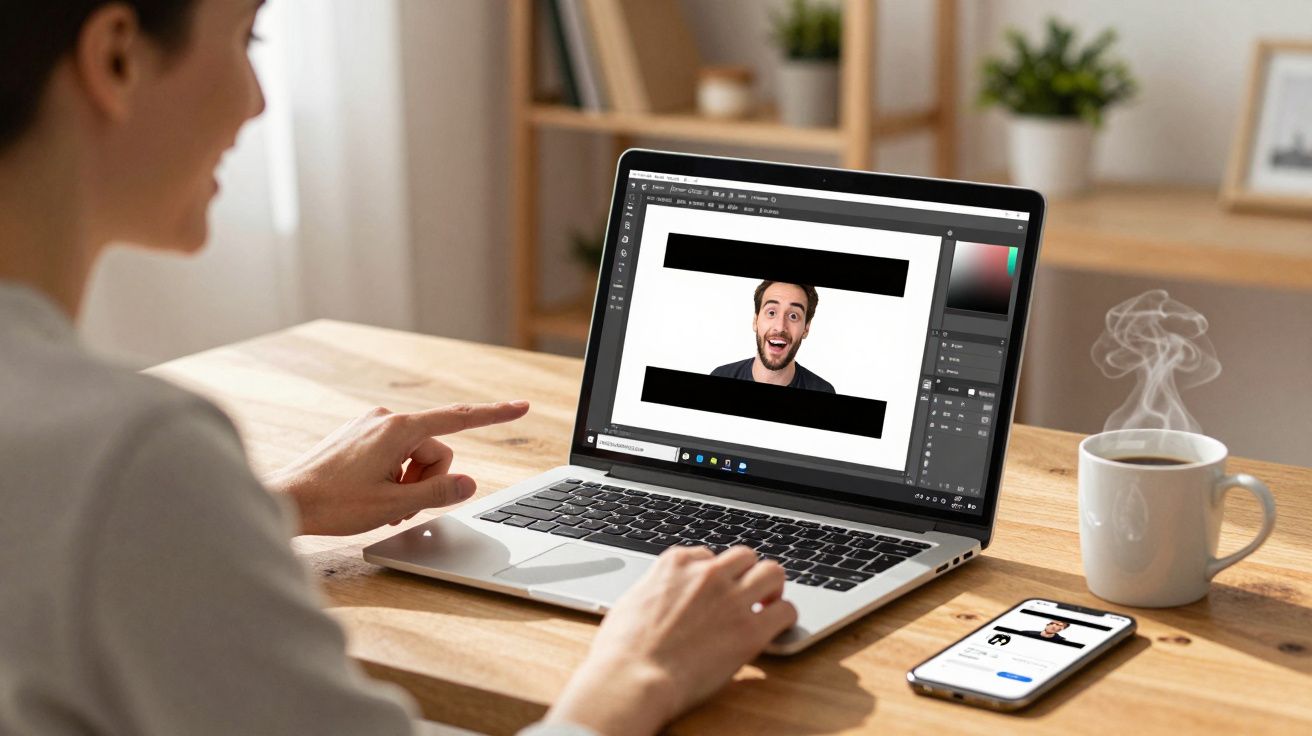 Mulher sentada a trabalhar num portátil, editando imagem de um homem sorridente numa aplicação de design.