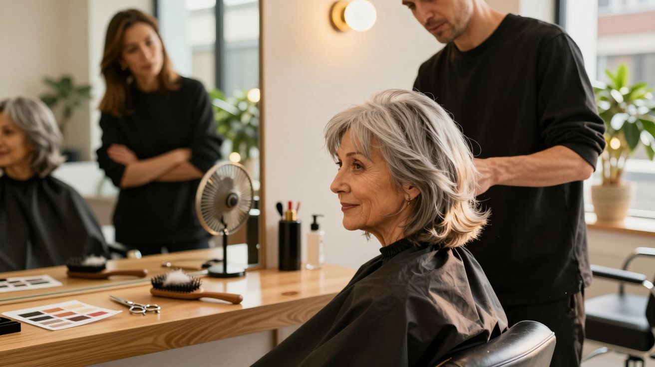 Senhora a fazer penteado no salão de cabeleireiro, com cabeleireiro e assistente a observá-la.