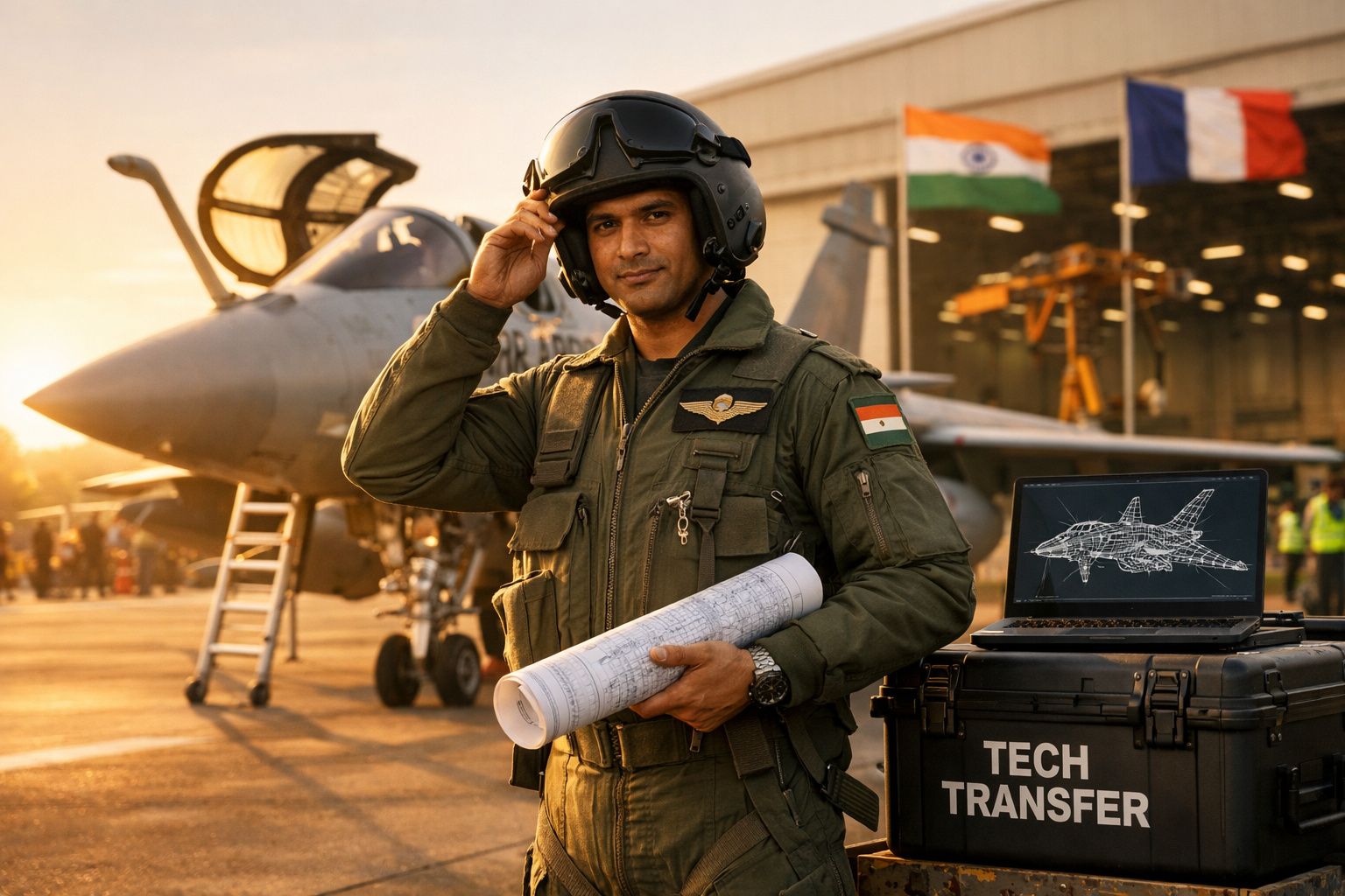 Piloto militar indiano em uniforme, junto a jato de combate e laptop com projeto de avião, em hangar ao pôr do sol.