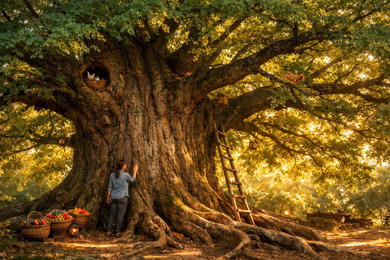 Homem junto a uma enorme árvore com cesto de frutas, escada e luzes no tronco ao pôr do sol.