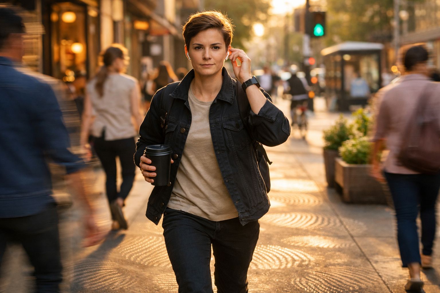 Mulher jovem caminha na rua ao pôr do sol, segurando café para viagem e a colocar auricular.
