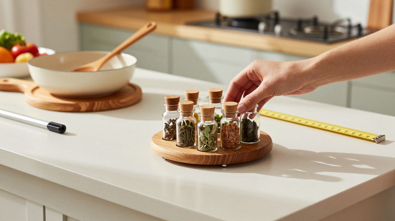 Mão a pegar frasco de especiarias em suporte giratório de madeira numa cozinha moderna com bancada branca.