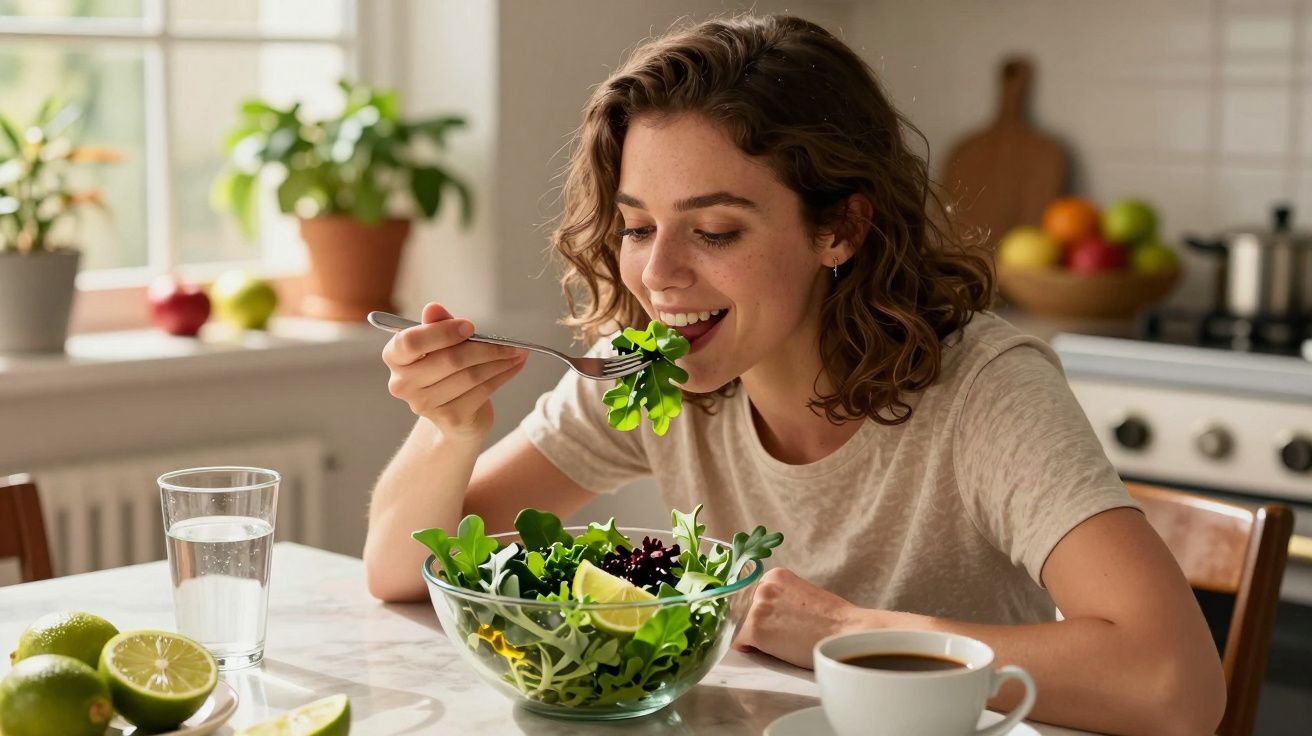 Mulher jovem a comer salada verde numa cozinha iluminada, com limões, café e água à sua frente.