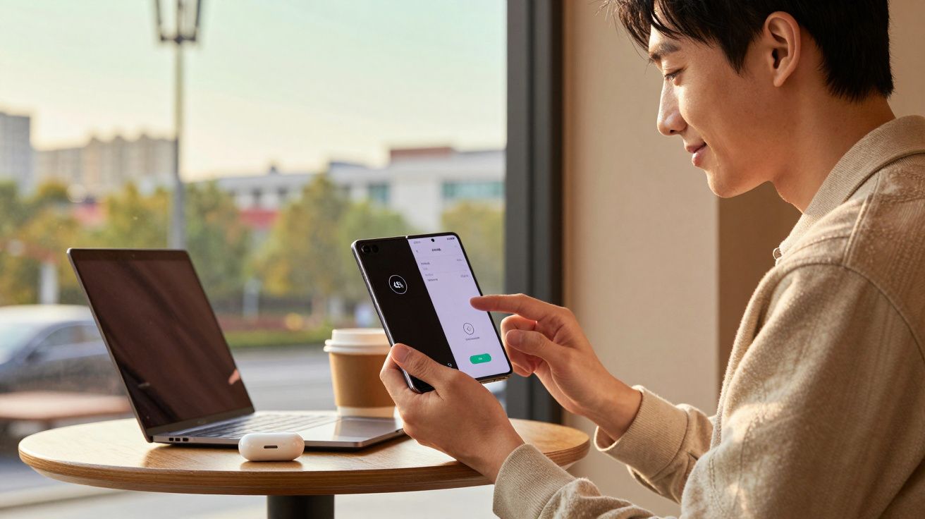 Homem sentado junto a mesa com portátil e auscultadores, a usar smartphone dobrável numa cafetaria.
