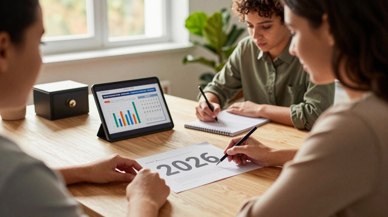 Pessoas a planear metas para 2026 com gráficos num tablet e notas em caderno numa mesa de madeira.