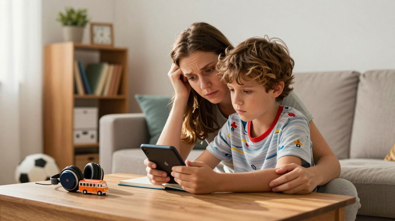 Mãe e filho sentados no sofá, ambos com expressão preocupada, olhando para um telemóvel na sala de estar.