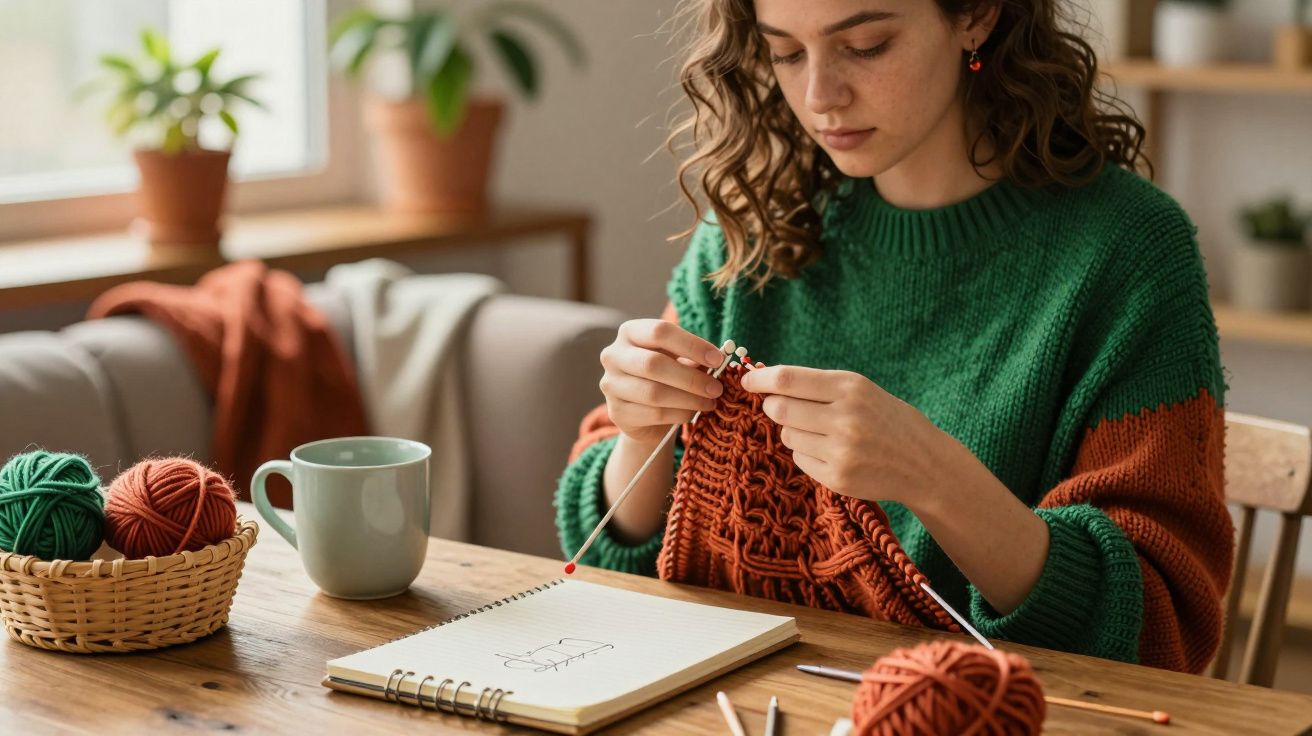Mulher a tricotar com lã castanha sentada à mesa com caderno de apontamentos e chávena verde.