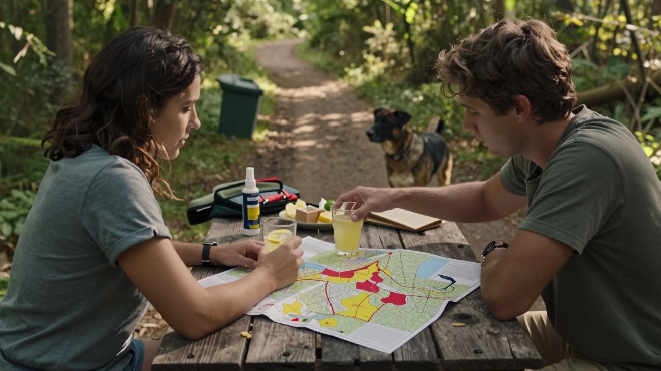 Dois jovens sentados numa mesa de madeira ao ar livre, com mapa, bebidas e um cão ao fundo.