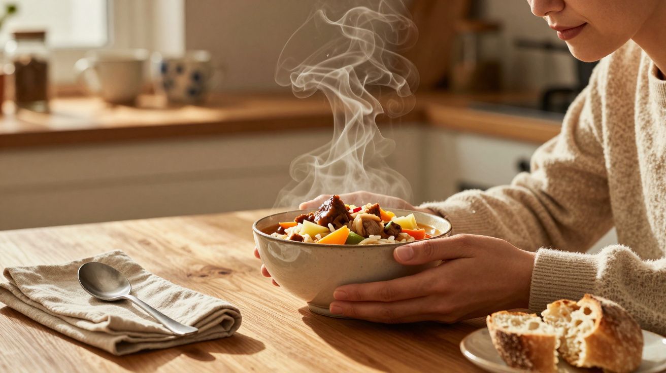 Pessoa a segurar taça com sopa quente de legumes e carne, pão partido ao lado numa mesa de madeira.