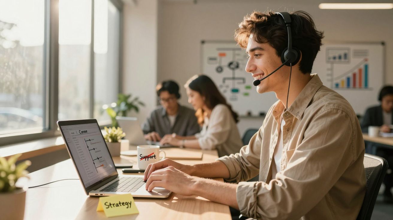Jovem com auricular e microfone a trabalhar num computador portátil num escritório luminoso com colegas ao fundo.