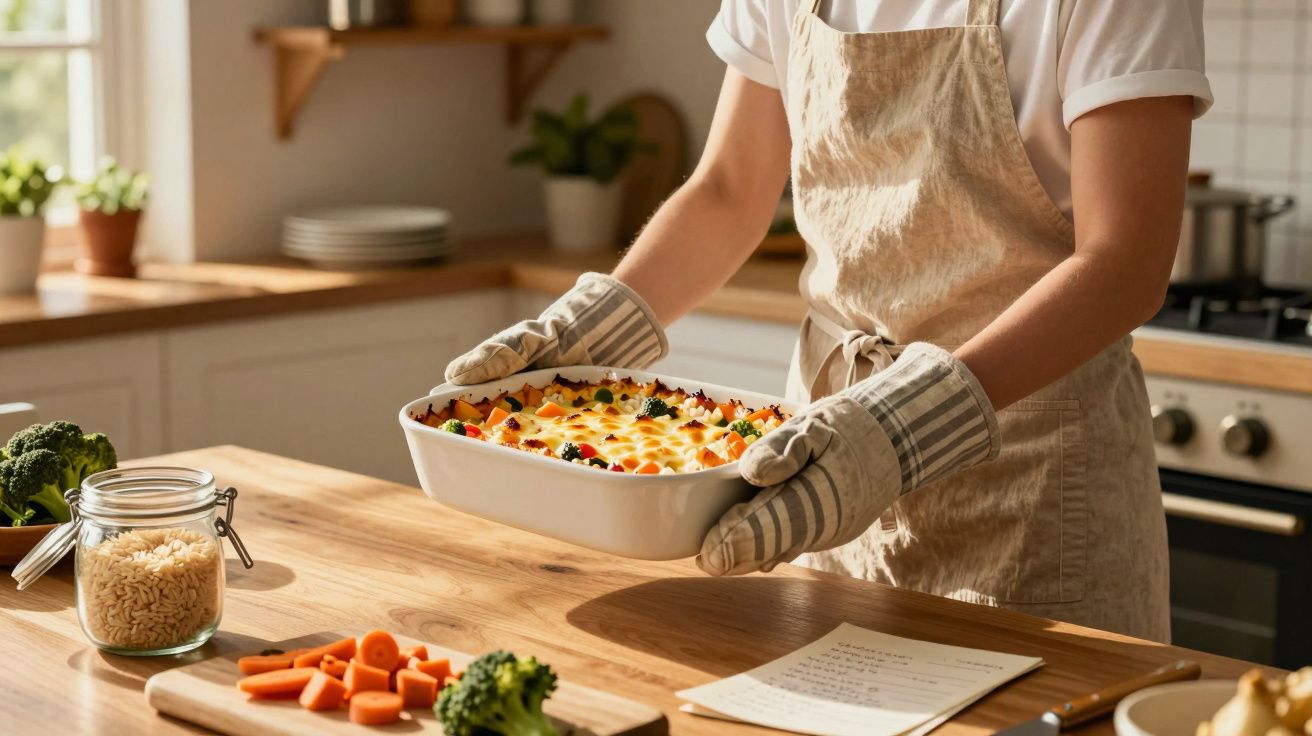 Pessoa com avental e luvas de forno a segurar tabuleiro com prato de forno numa cozinha iluminada.
