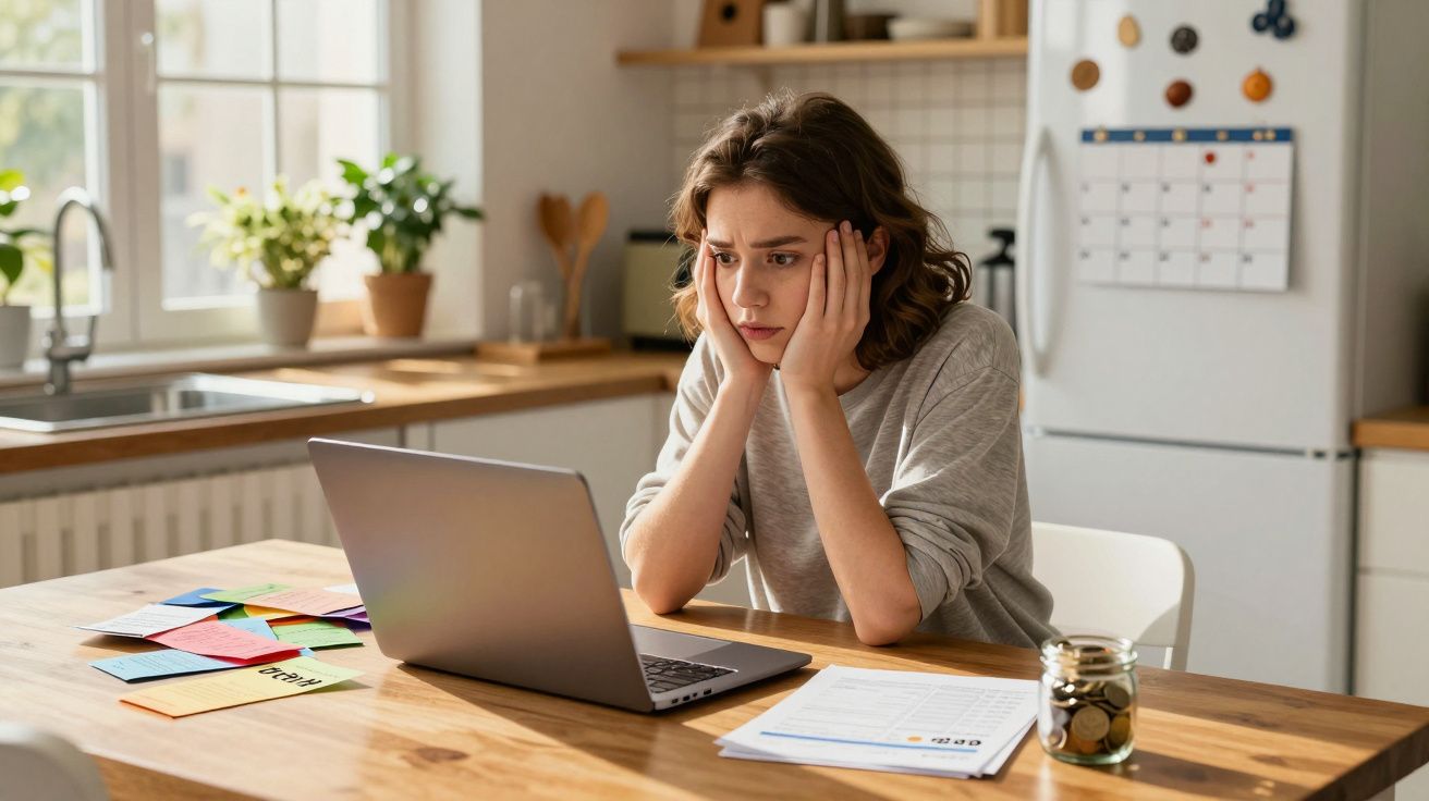 Mulher jovem preocupada a olhar para o portátil numa cozinha, com documentos e moedas na mesa.