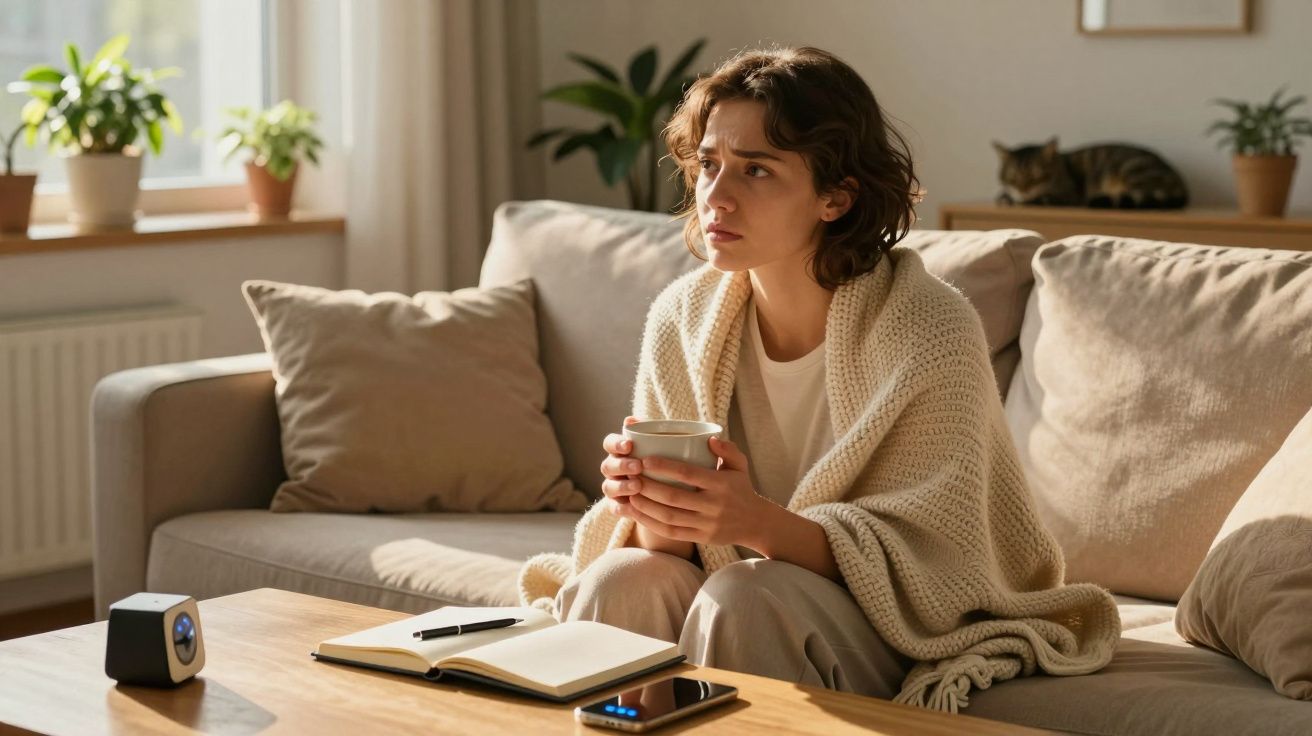 Mulher sentada no sofá enrolada em manta, segurando caneca, com caderno, telemóvel e gato ao fundo.