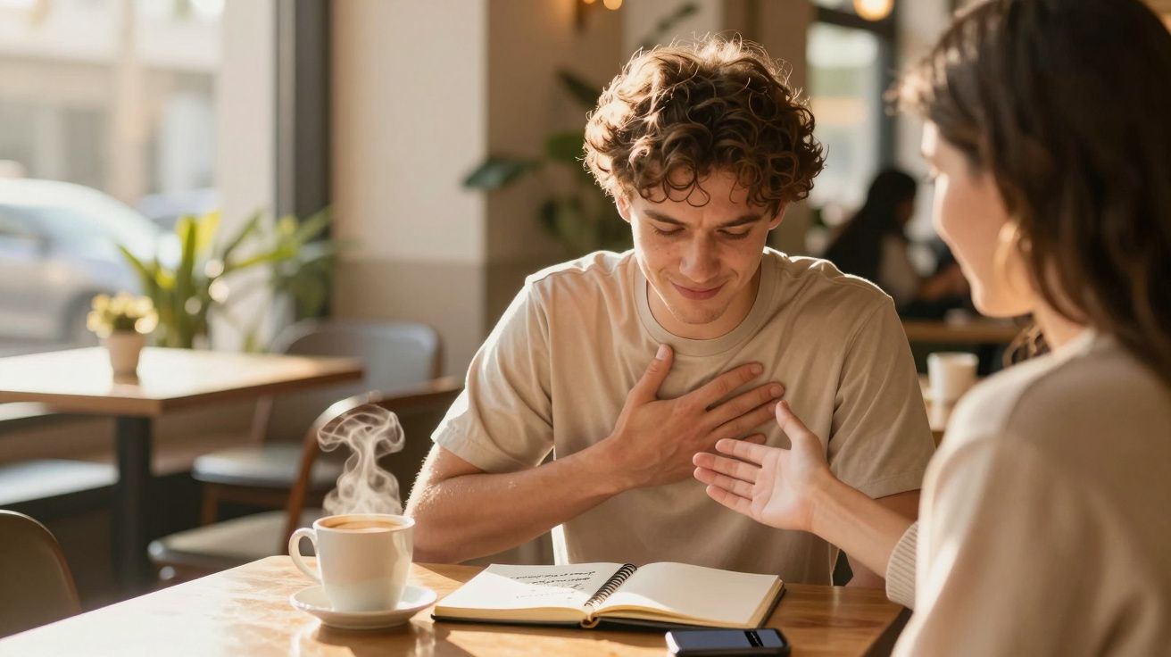 Jovem sentado numa mesa de café, emocionado, com mão no peito, enquanto conversa com uma mulher.