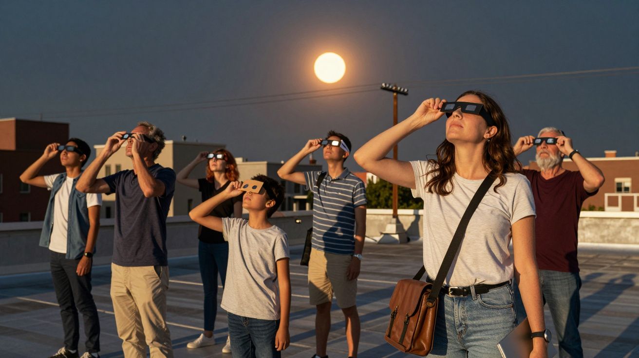 Grupo diverso a observar o eclipse solar com óculos de proteção numa cobertura ao entardecer.