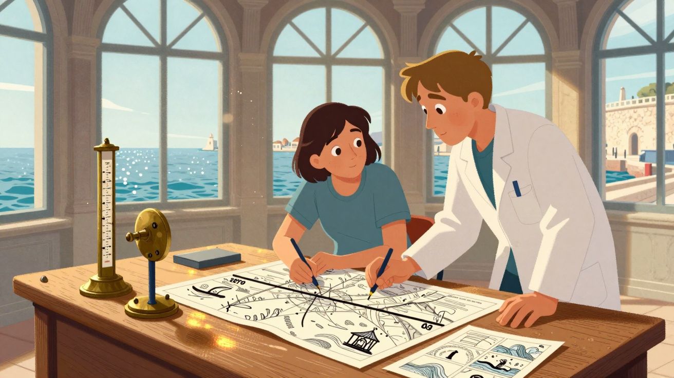 Dois jovens a analisar mapas e diagramas numa sala com grandes janelas com vista para o mar.