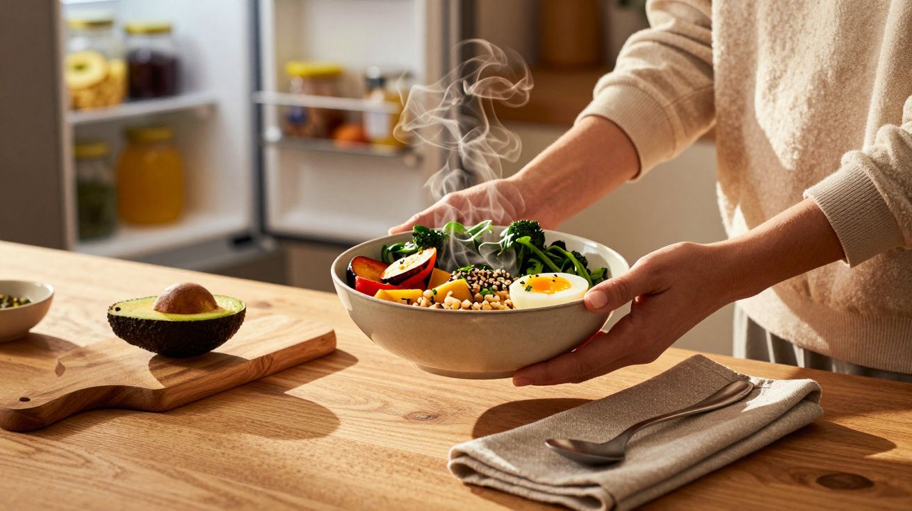 Pessoa a segurar tigela fumegante com salada saudável, abacate cortado e frigorífico ao fundo.